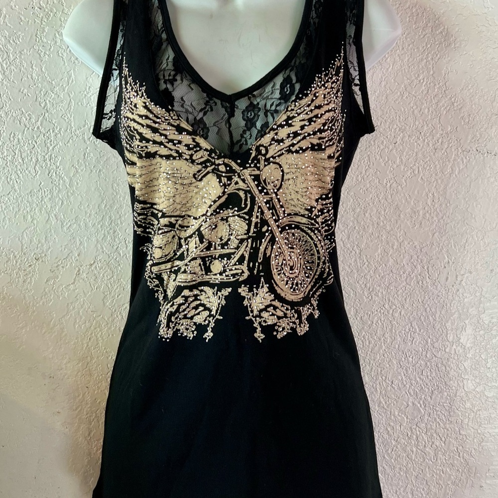 Black Sleeveless Top with Motorcycle Design